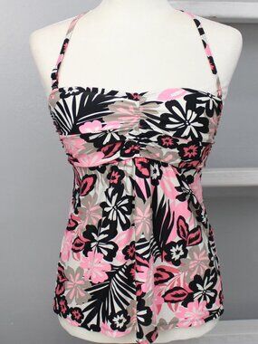 Beach House VTG Y2K Coconut Girl Black Pink Tropical Floral Takini Swim Top sz 8